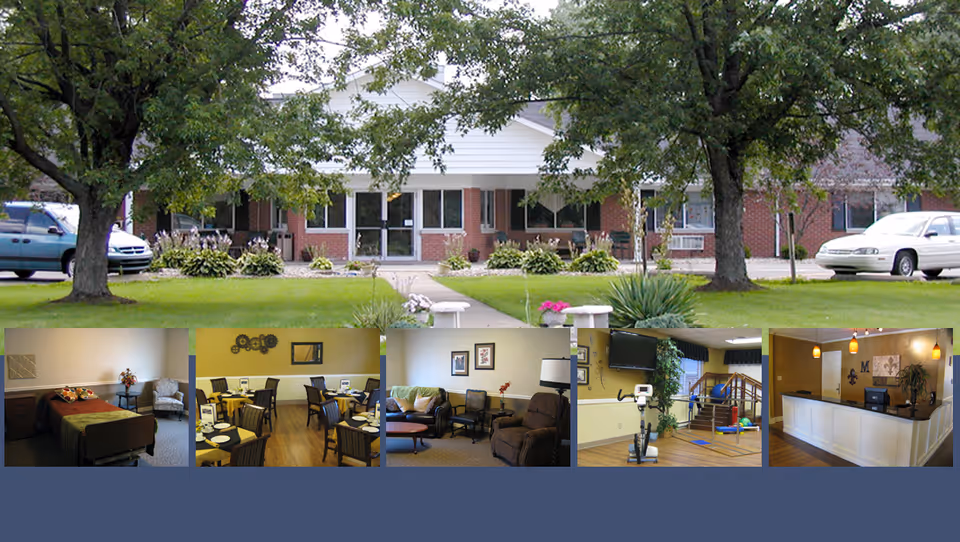 Front exterior of a single-story brick senior living facility with a central glass entrance, trees and a lawn, with small interior room thumbnails along the bottom.