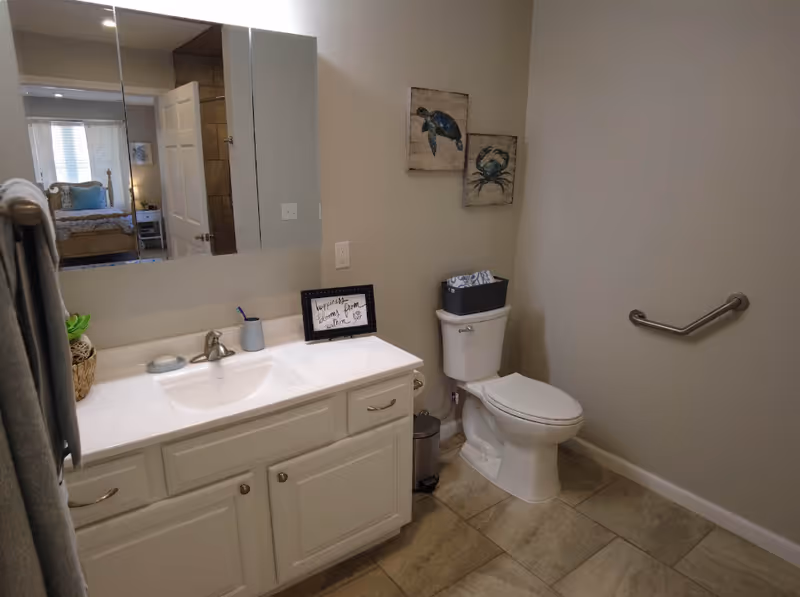 Bathroom with a white vanity and sink, a toilet with a grab bar, and decorative wall art with a mirror reflecting a nearby bedroom.