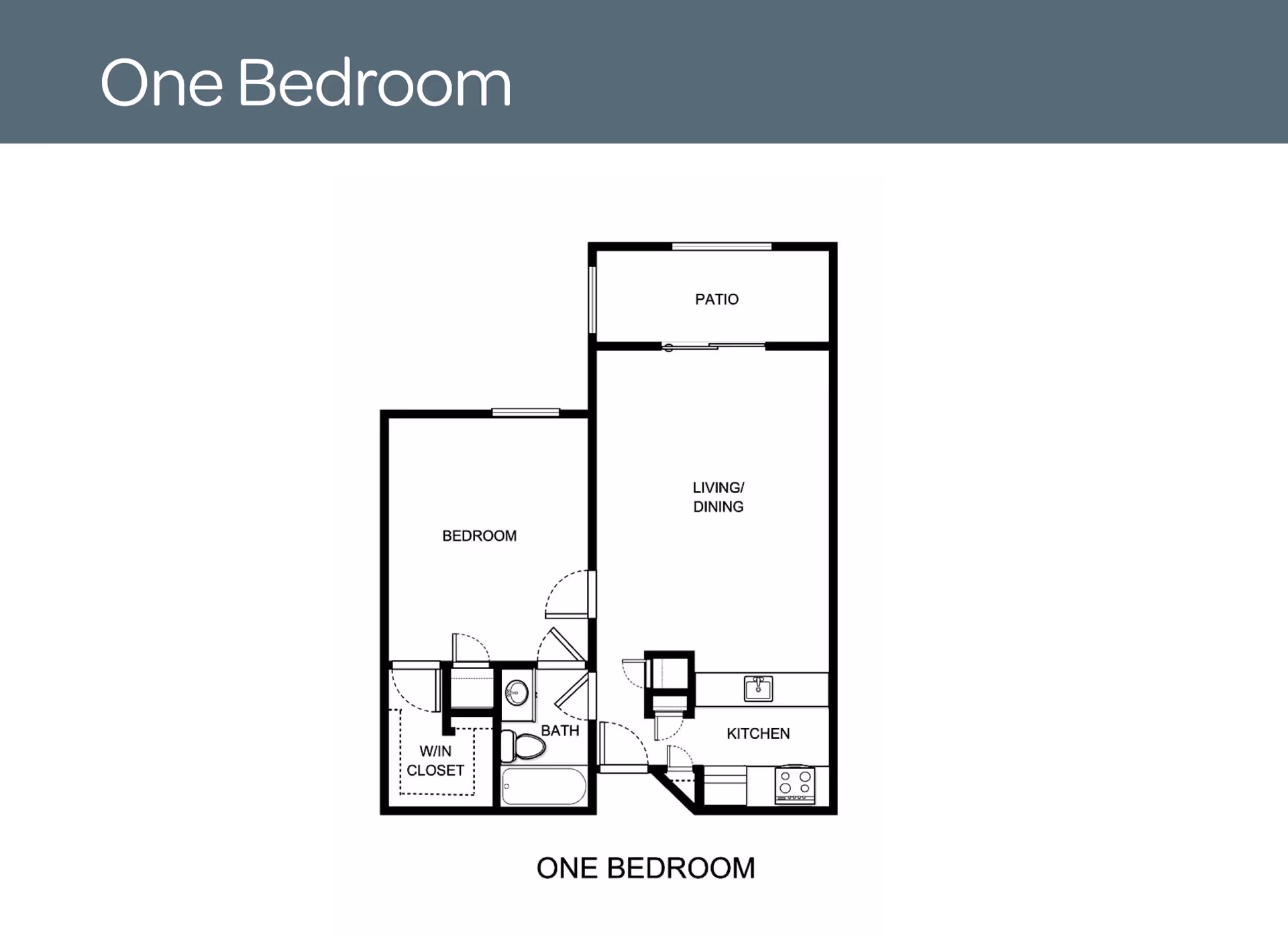 Floor plan of a one-bedroom apartment showing a bedroom with a walk-in closet, a bathroom, a kitchen, a combined living and dining area, and a patio.