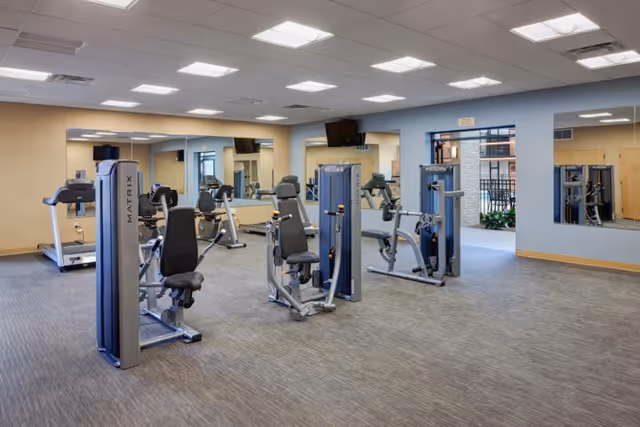 A spacious fitness room with several exercise machines including treadmills and weight machines. The room has large mirrors on the walls, a wall-mounted TV, and an open doorway leading to an outdoor area with plants. The floor is carpeted and the ceiling has recessed lighting.