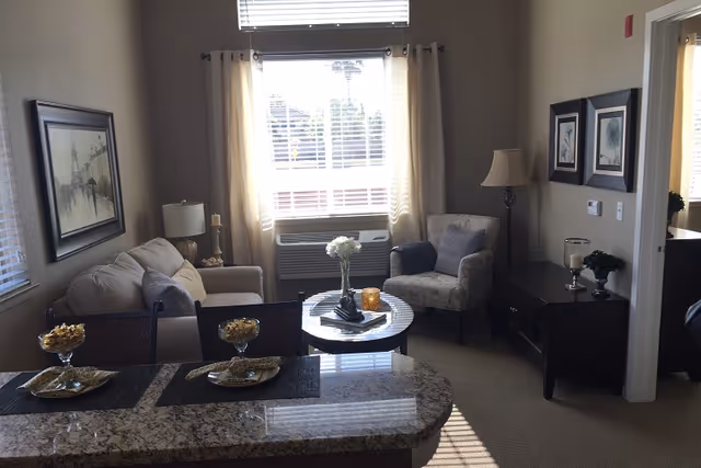 Furnished living room with a sofa and armchair around a coffee table, seen from behind a granite countertop with place settings.