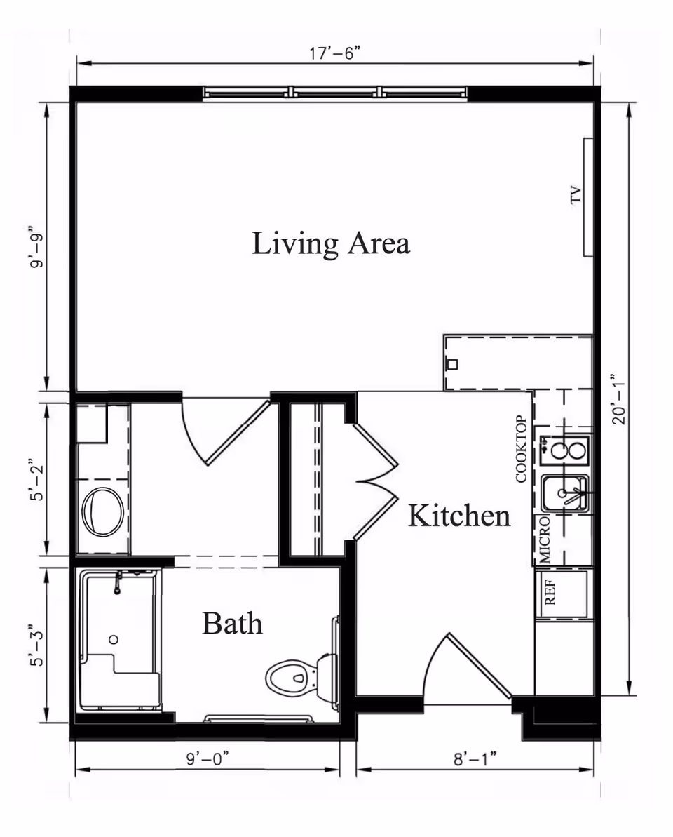 Architectural floor plan showing a small apartment layout with a living area, kitchen, and bathroom. The living area measures 17 feet 6 inches by 9 feet 9 inches and includes a TV. The kitchen includes a cooktop, microwave, refrigerator, and sink. The bathroom has a toilet, sink, and bathtub. Dimensions are marked around the rooms.