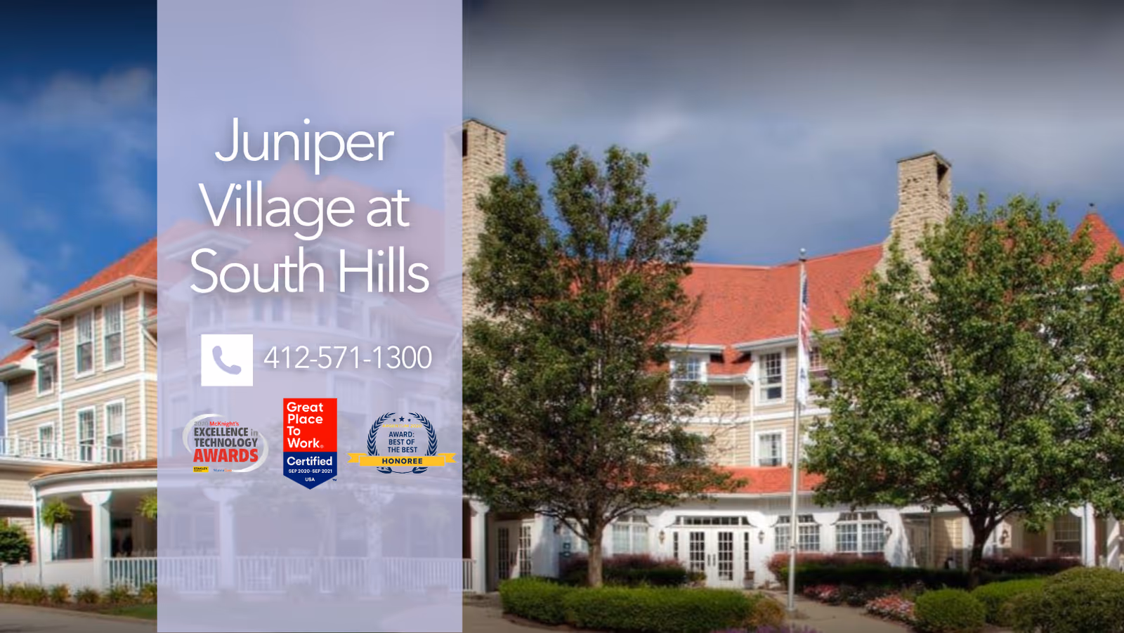 Exterior view of Juniper Village at South Hills, a large senior living facility with beige siding, red roof, multiple windows, and two chimneys. There are trees and landscaping in front of the building, along with a flagpole displaying the American flag.