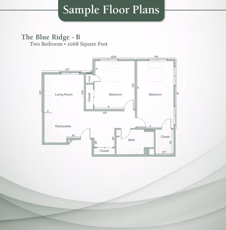 Floor plan titled 'The Blue Ridge - B' showing a two-bedroom layout with 1068 square feet. The plan includes a living room, kitchenette, two bedrooms, a bathroom, and closets.