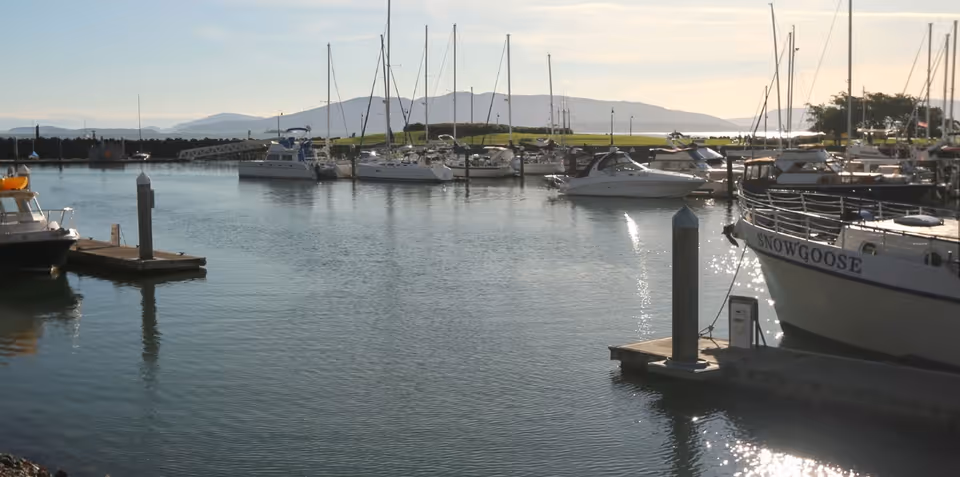 A calm marina with several docked boats and sailboats on the water, with mountains visible in the background under a clear sky.