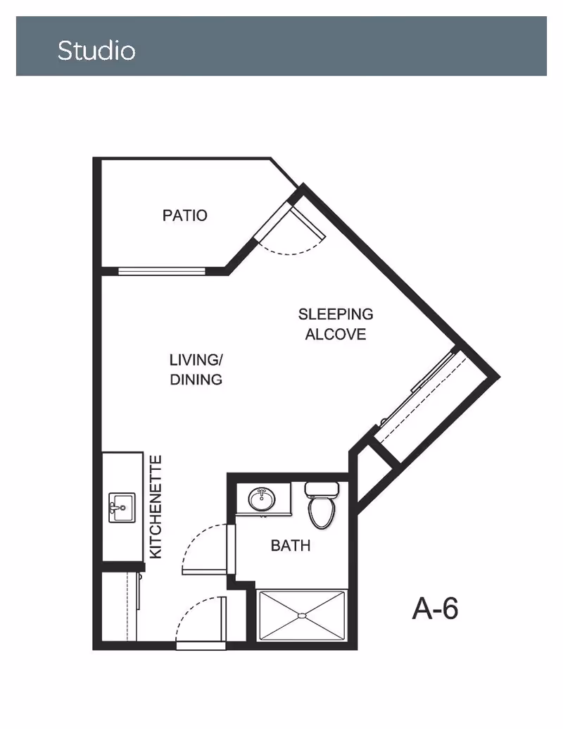 Floor plan of a studio apartment labeled A-6 showing a patio, sleeping alcove, living/dining area, kitchenette, and a bathroom with a sink, toilet, and shower.