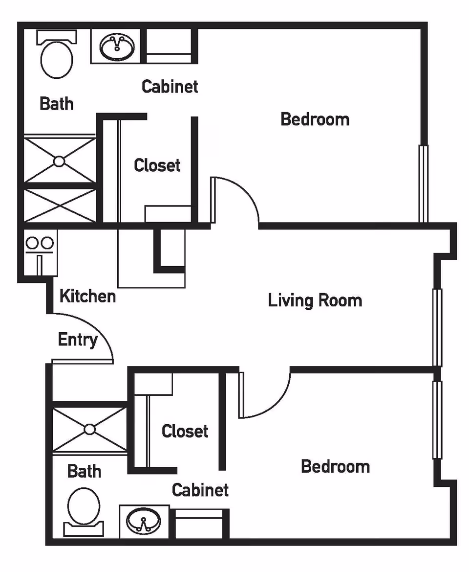 Black and white architectural floor plan of a two-bedroom apartment with two bathrooms, two closets, two cabinets, a kitchen, an entry, and a living room.