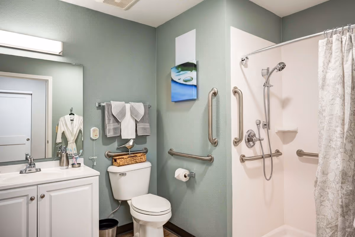 A bathroom with a white toilet, a white sink with a cabinet, a large mirror above the sink, and a shower with a curved curtain rod and floral shower curtain. The walls are painted light green and there are multiple stainless steel grab bars installed near the toilet and in the shower area. Towels hang on a rack above the toilet and a small piece of artwork is mounted on the wall.