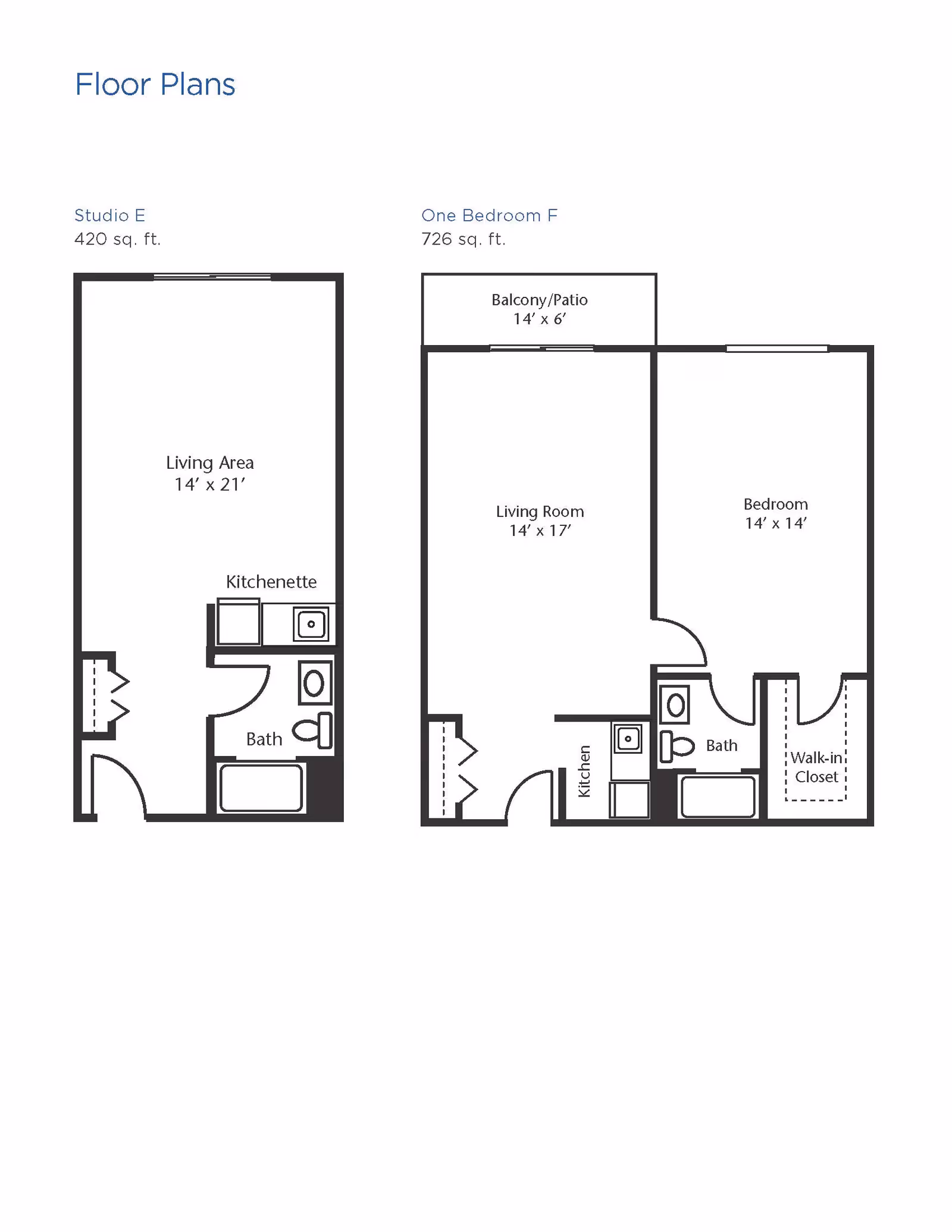 Floor plans for two apartment layouts at Brookdale Sakonnet Bay. The first is Studio E with 420 sq. ft., featuring a living area, kitchenette, and bathroom. The second is One Bedroom F with 726 sq. ft., including a living room, kitchen, bathroom, bedroom, walk-in closet, and balcony/patio.