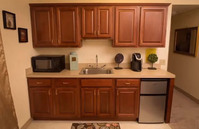 A small kitchenette with wooden upper and lower cabinets, a stainless steel sink with a faucet, a microwave on the left countertop, a coffee maker on the right countertop, a small refrigerator below the right counter, and decorative items including a small plant and framed pictures on the walls.