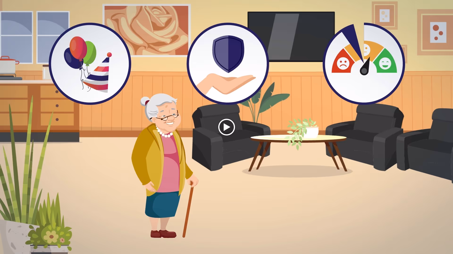 Illustration of an elderly woman with a cane standing in a living room with black armchairs, a round coffee table with a plant, and a wall-mounted TV. The background shows a kitchen area with cabinets and a stove. Above the woman are three circular icons depicting balloons and a party hat, a hand holding a shield, and a satisfaction meter with a needle pointing towards the happy face.