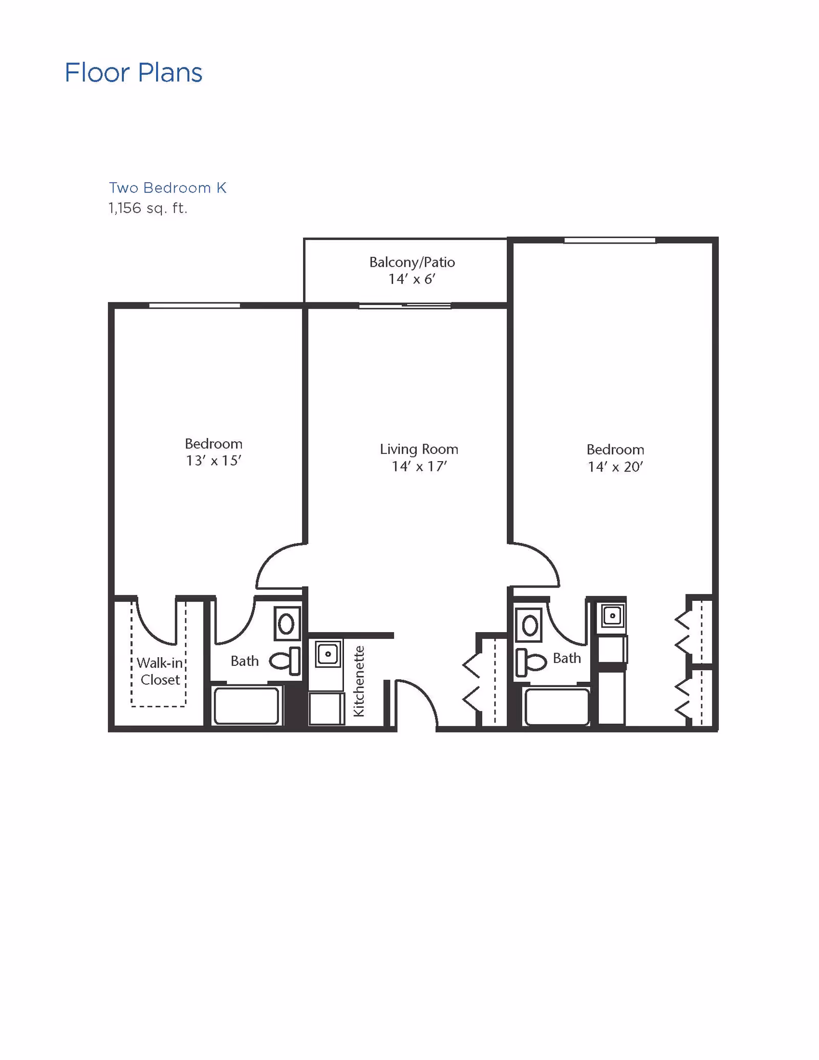Floor plan of a two-bedroom apartment labeled Two Bedroom K with 1,156 square feet. The layout includes two bedrooms, one measuring 13 by 15 feet with a walk-in closet and bath, and the other measuring 14 by 20 feet with a bath. There is a living room measuring 14 by 17 feet, a kitchenette, and a balcony/patio measuring 14 by 6 feet.