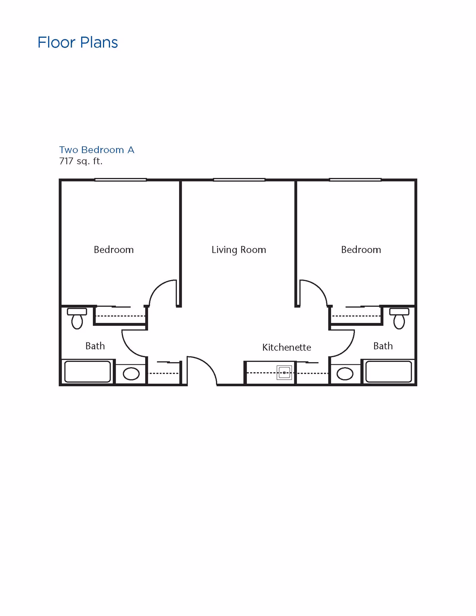 Floor plan layout of a two-bedroom apartment labeled Two Bedroom A with 717 square feet. The plan shows two bedrooms, each with an attached bathroom, a central living room, and a kitchenette area.