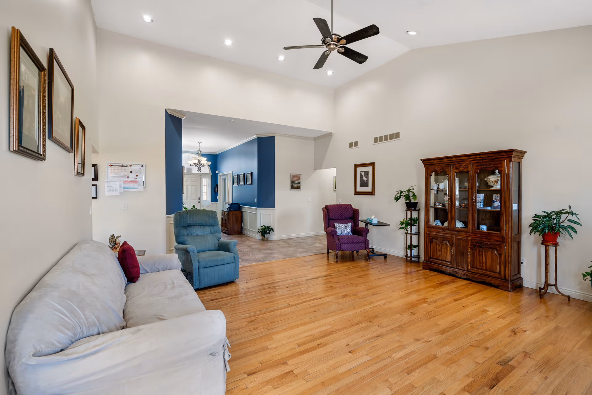 A spacious living room with light-colored walls and hardwood floors. The room features a beige sofa with a red pillow, a blue recliner, and a purple armchair with a patterned cushion. There is a wooden china cabinet displaying decorative items, several framed pictures on the walls, and potted plants on stands. A ceiling fan with lights is mounted on the high ceiling. The room opens into a hallway with blue accent walls and a chandelier near the entrance door.