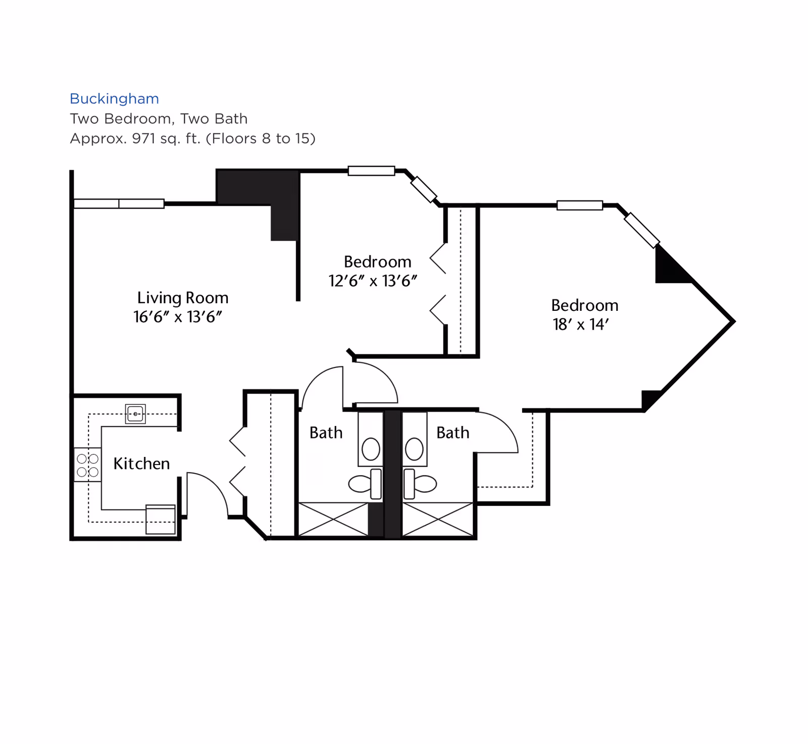Floor plan of a two-bedroom, two-bath apartment named Buckingham, approximately 971 square feet, located on floors 8 to 15. The layout includes a living room measuring 16'6" x 13'6", a kitchen, two bedrooms (one 12'6" x 13'6" and the other 18' x 14'), and two bathrooms.