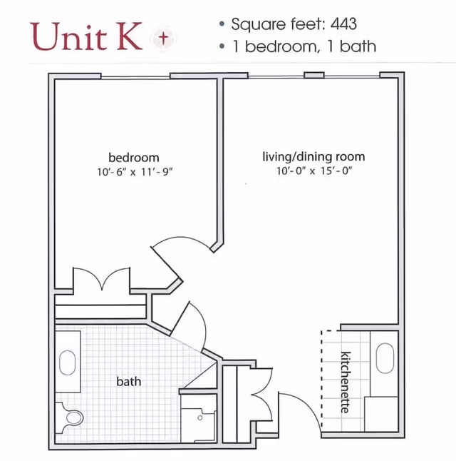 Floor plan of Unit K at Village at the Oaks showing a 443 square feet layout with 1 bedroom measuring 10 feet 6 inches by 11 feet 9 inches, a living/dining room measuring 10 feet by 15 feet, a bath, and a kitchenette.