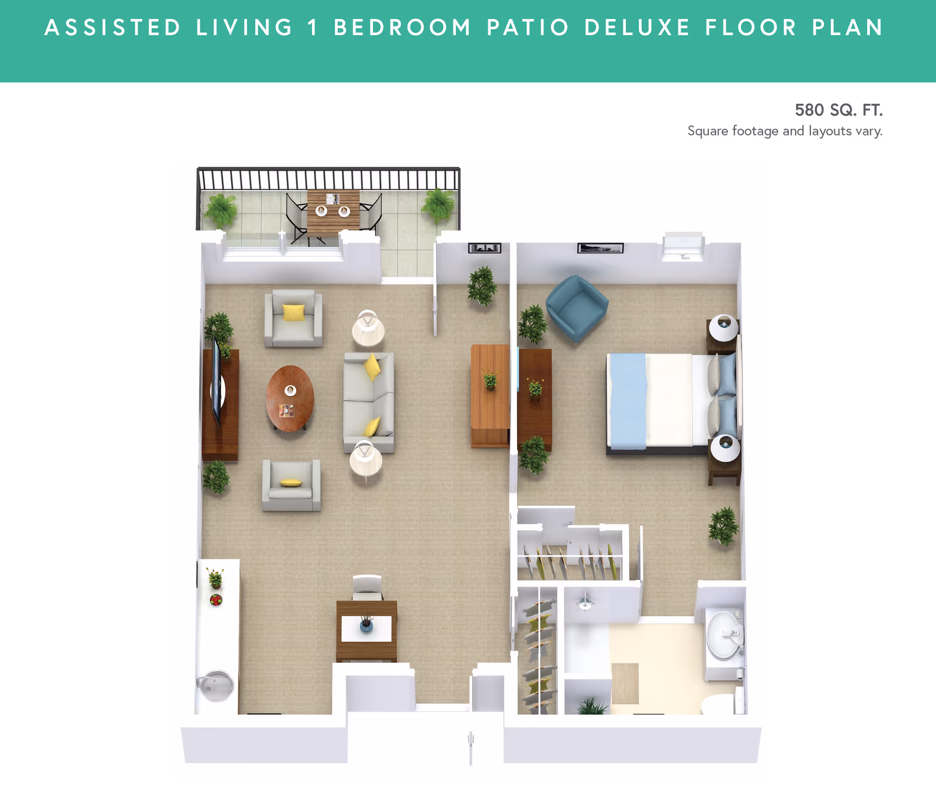 Top-down rendered one-bedroom assisted living floor plan showing a living room, bedroom, bathroom, kitchen area, closets and a small patio.
