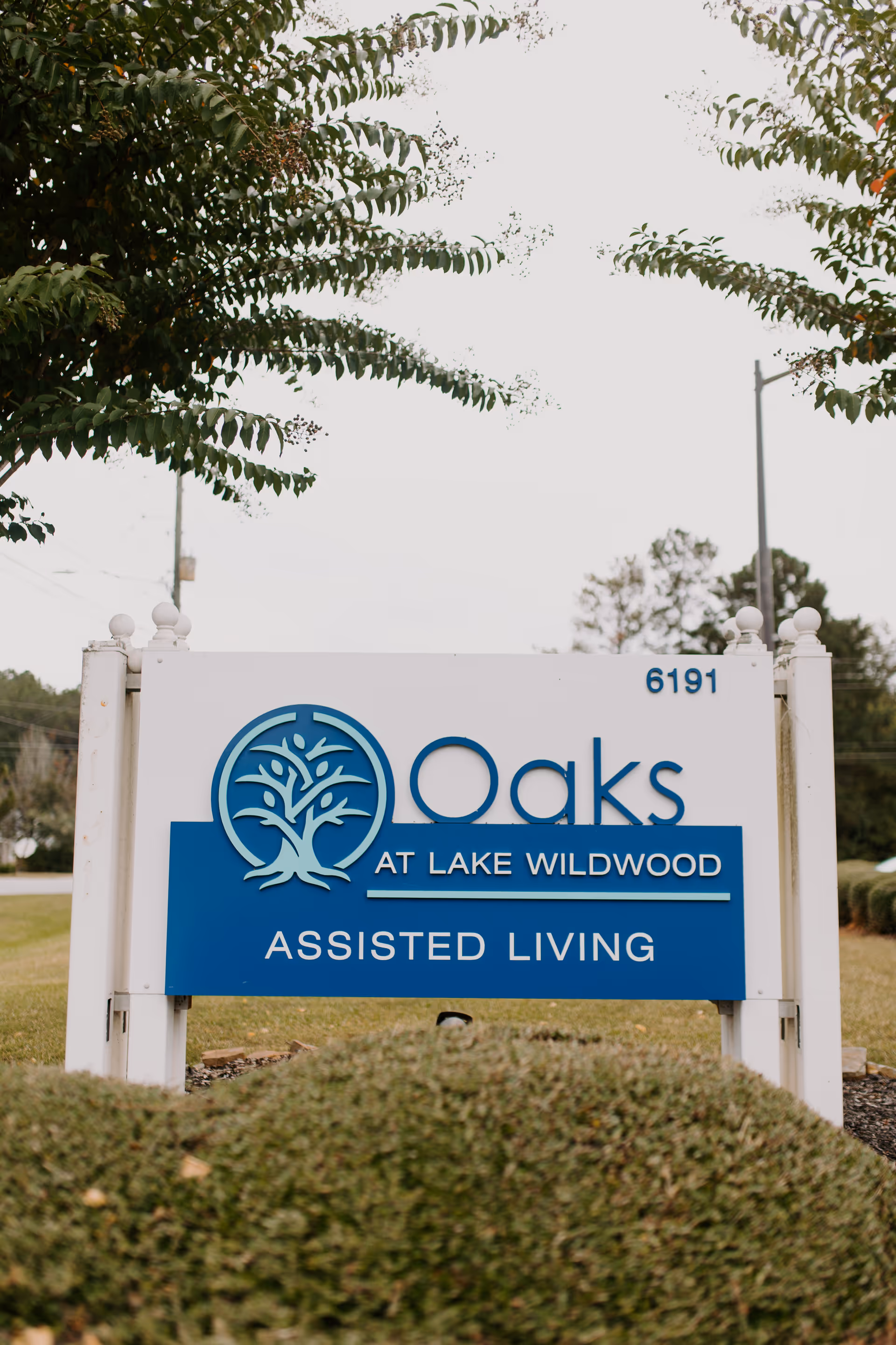 Outdoor sign for Oaks at Lake Wildwood Assisted Living with a tree logo, surrounded by greenery and trees in the background.