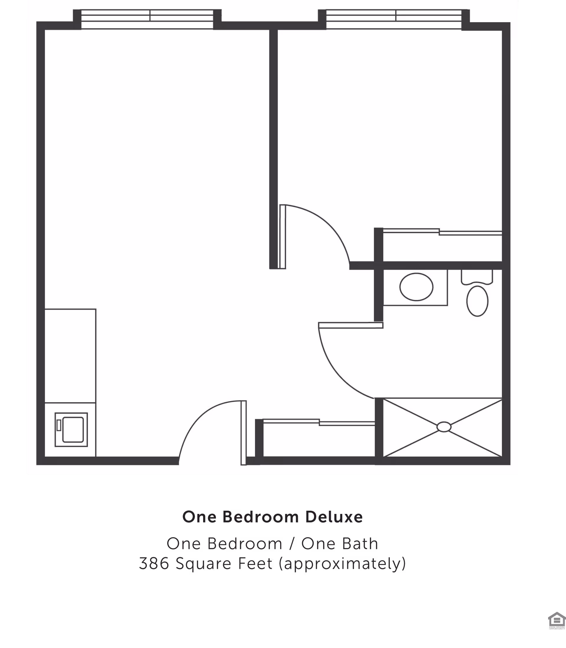 Floor plan layout of a one-bedroom deluxe apartment with one bathroom, approximately 386 square feet. The layout shows a bedroom, a bathroom with a shower, toilet, and sink, and a living area with a kitchenette.