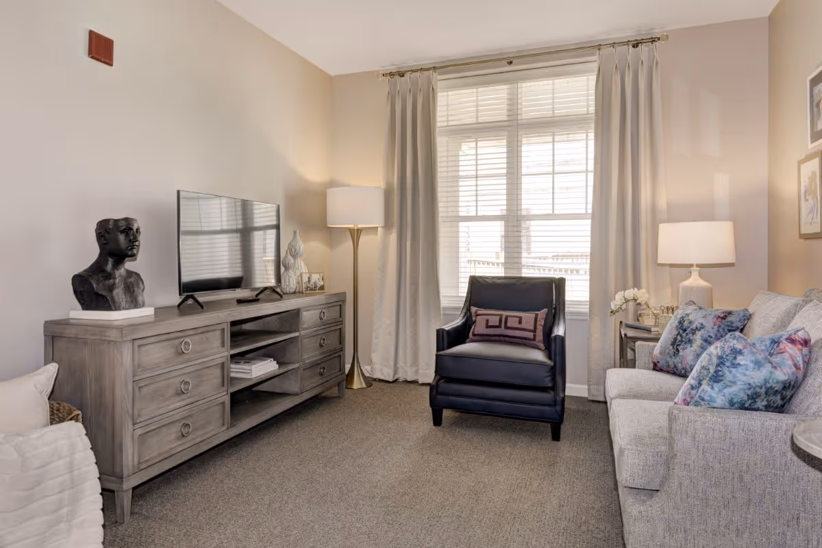 Cozy living room with a TV on a gray wooden console, a black armchair, a sofa with patterned pillows, and lamps by a curtained window.