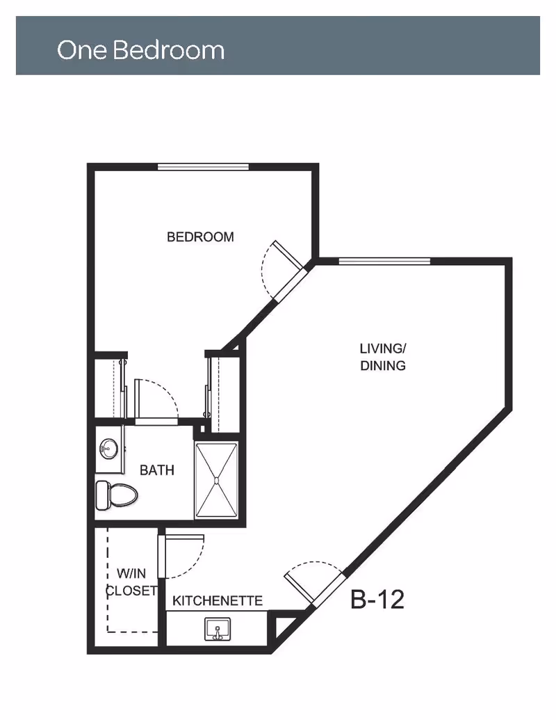 Floor plan layout of a one-bedroom unit labeled B-12, showing a bedroom, bath, walk-in closet, kitchenette, and combined living/dining area.