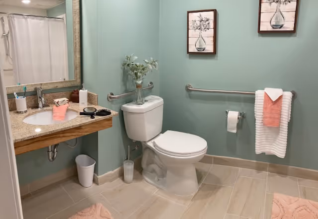 A clean accessible bathroom with a toilet, wall-mounted grab bars, a sink with granite countertop and mirror, decorative towels, and framed artwork on pale green walls.