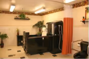 An interior lounge with a black grand piano, potted plants, and orange curtains.