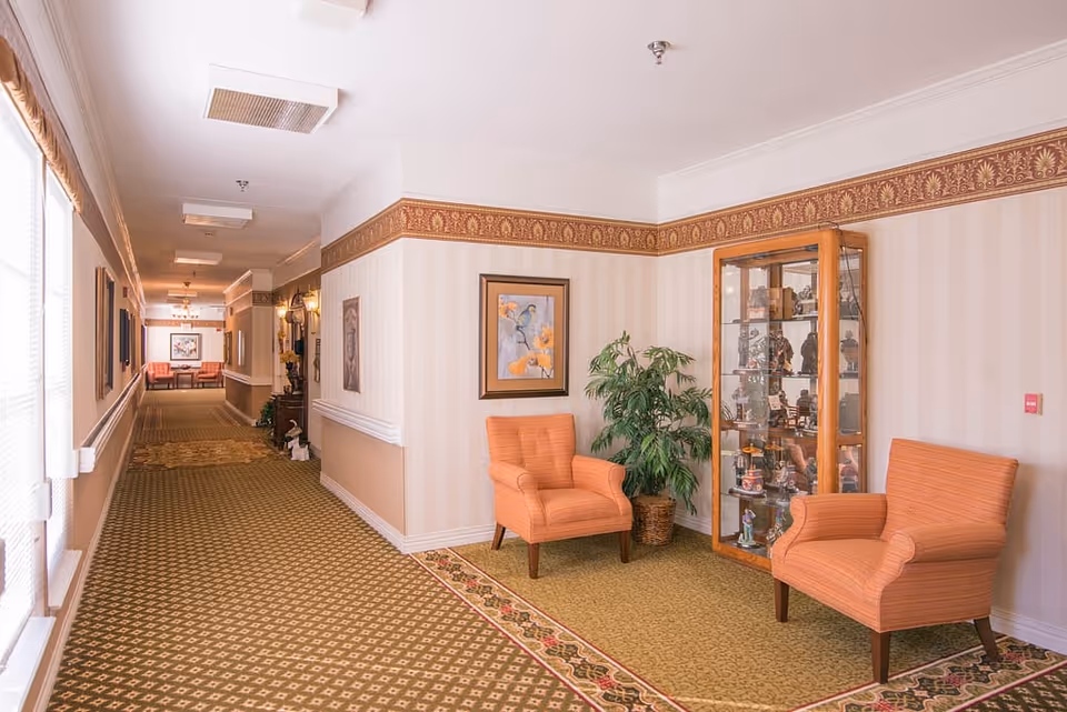 Sunlit hallway seating area with two orange armchairs, a glass display cabinet, potted plant, and framed artwork.