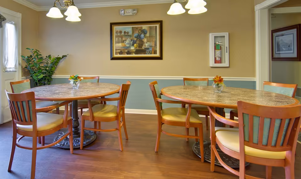 A dining room with two round tables, each surrounded by four wooden chairs with light yellow cushions. Each table has a small vase with flowers. The room has wooden flooring, beige walls with a blue wainscoting, a framed painting on the wall, and a fire extinguisher cabinet. There is a potted plant near a window with sheer white curtains, and ceiling lights with multiple lampshades illuminate the room.