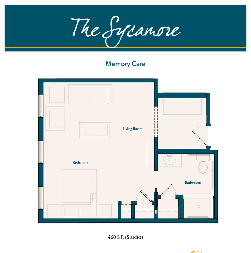Floor plan titled The Sycamore for Memory Care at HarborChase of Mandarin, showing a layout with a bedroom, living room, bathroom, and an additional small room.