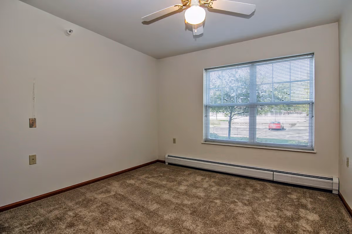 Empty room with beige carpet, white walls, a ceiling fan with light, and a large window with blinds showing a tree and a red car outside.