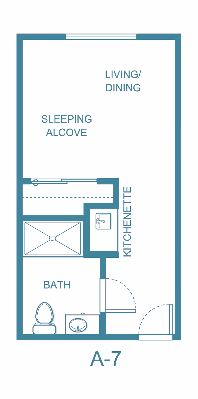 Floor plan layout of a studio apartment labeled A-7 showing a sleeping alcove, living/dining area, kitchenette, and a bathroom with a toilet, sink, and bathtub.
