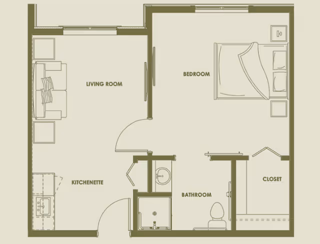 Floor plan of a senior living unit at Aspen Ridge Residences of Lehi showing a living room with a sofa and chair, a kitchenette with a sink and stove, a bedroom with a bed and nightstand, a bathroom with a toilet, sink, and shower, and a closet.