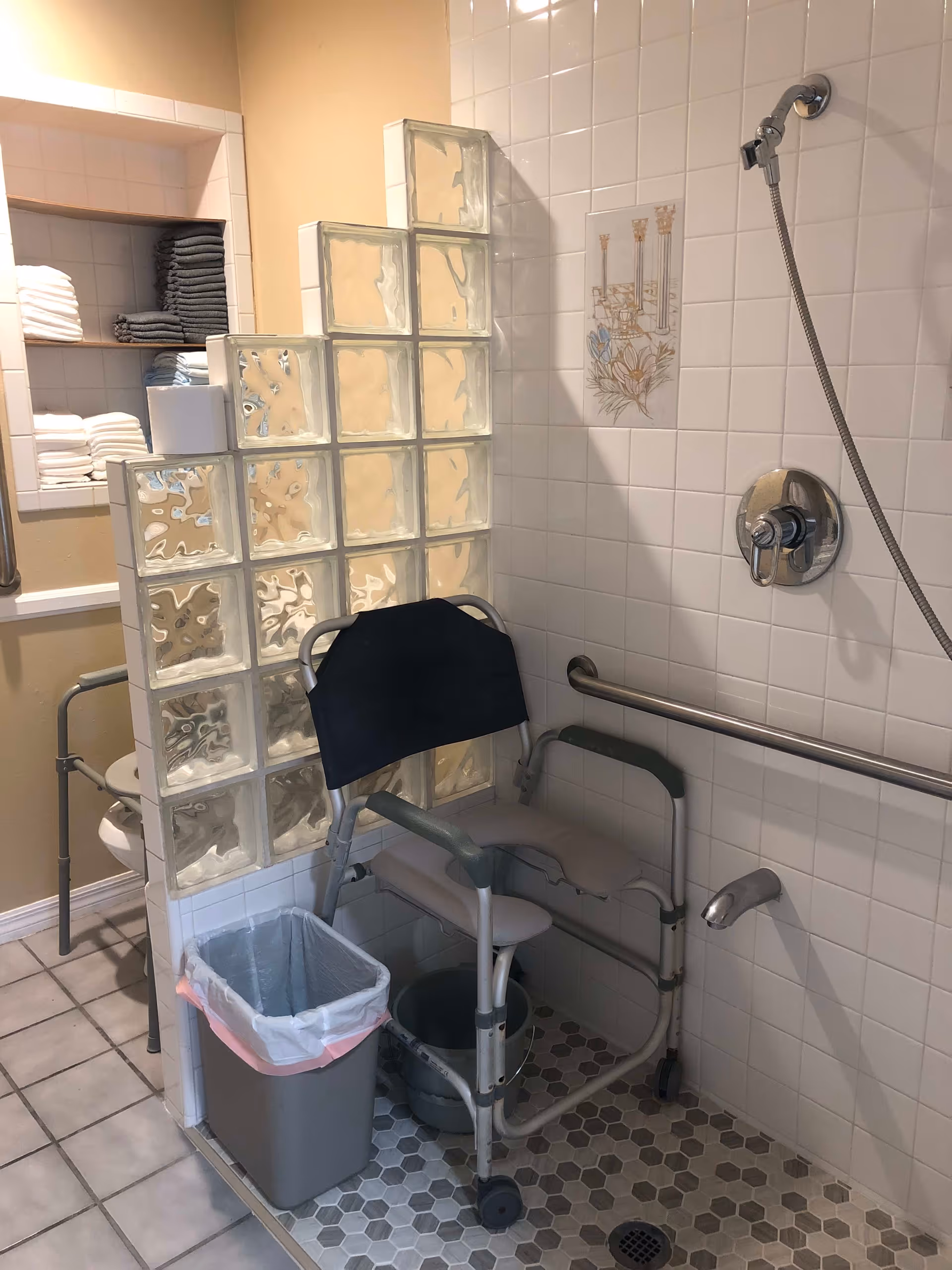 A senior-friendly bathroom with a tiled shower area featuring a handheld showerhead, grab bars, and a shower chair. There is a glass block partial wall separating the shower from the toilet area, which has additional grab bars. Shelves with neatly folded towels are visible in the background, along with a trash bin and a small bucket on the shower floor.
