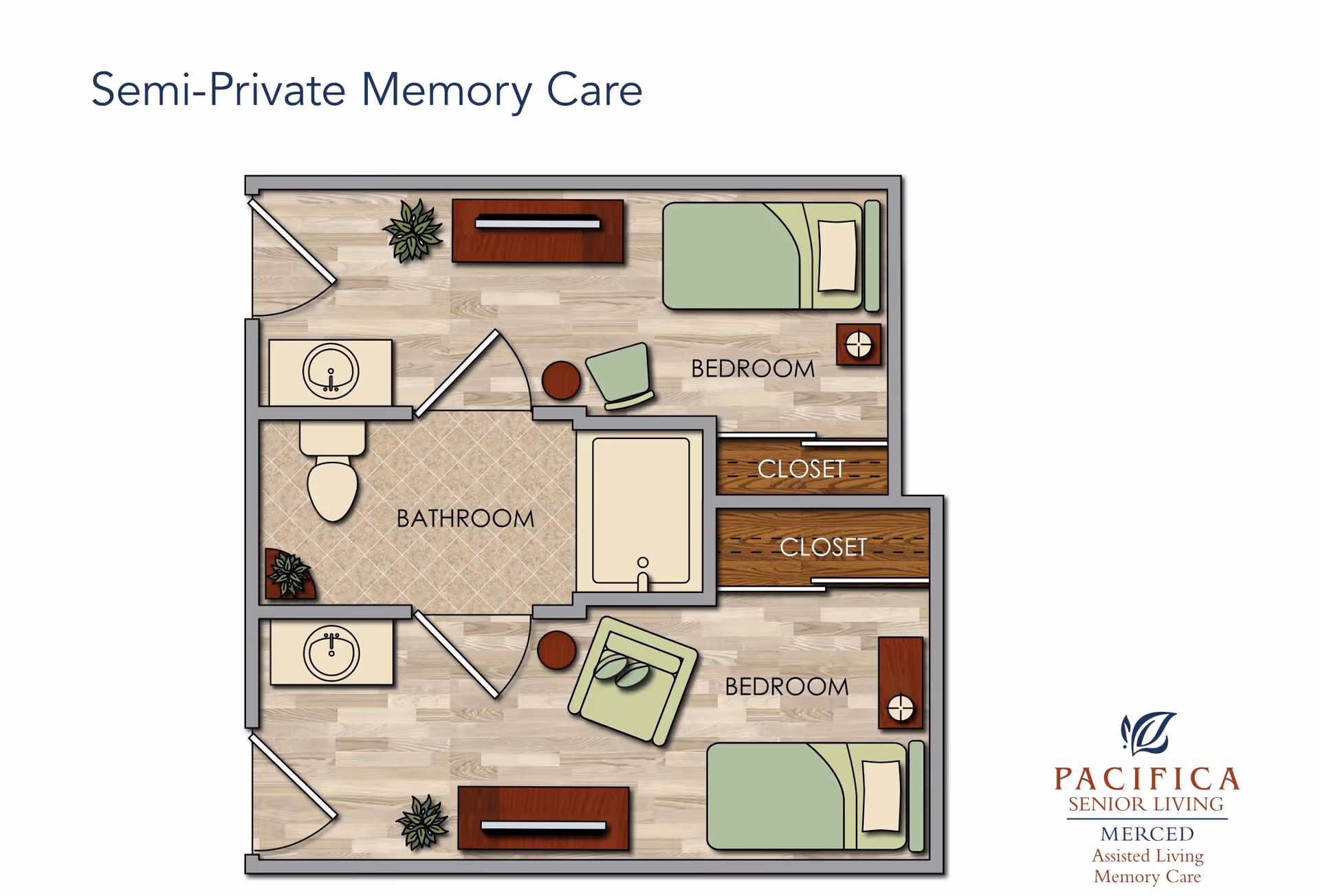 Floor plan of a semi-private memory care unit showing two bedrooms, each with a bed, chair, nightstand, and closet. The bedrooms share a central bathroom with two sinks, a toilet, and a bathtub. The layout includes doors and some plants for decoration.