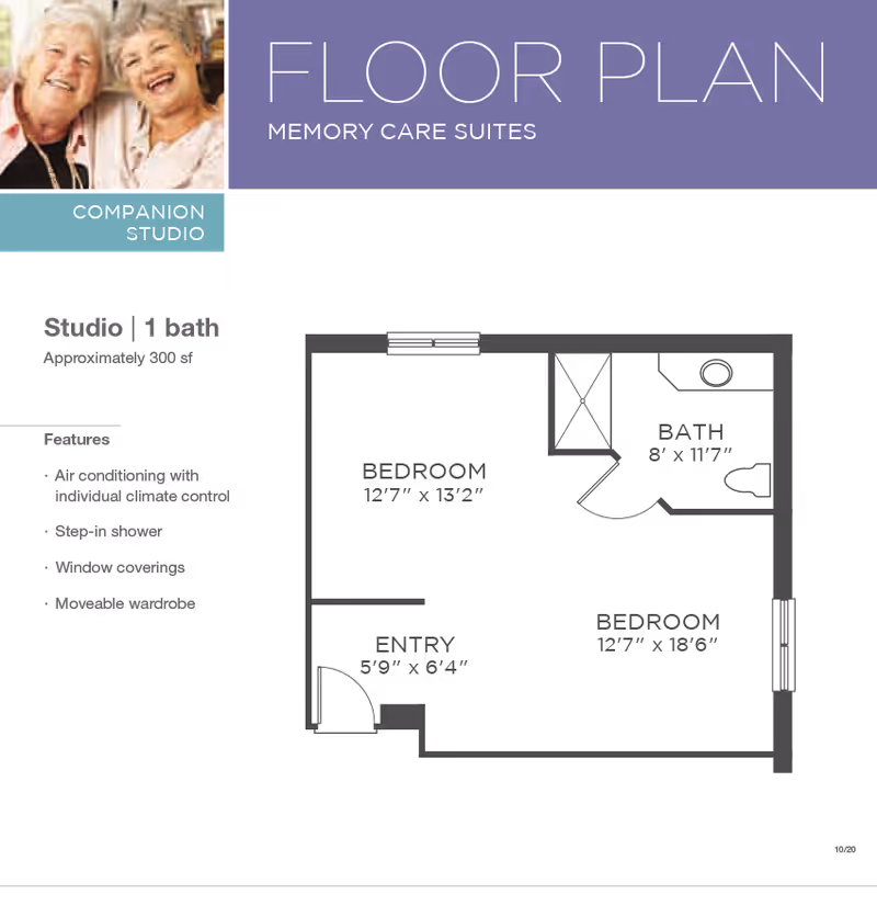 Graphic floor plan page titled "FLOOR PLAN MEMORY CARE SUITES" showing a companion studio layout, a features list and a small photo of two smiling older adults.