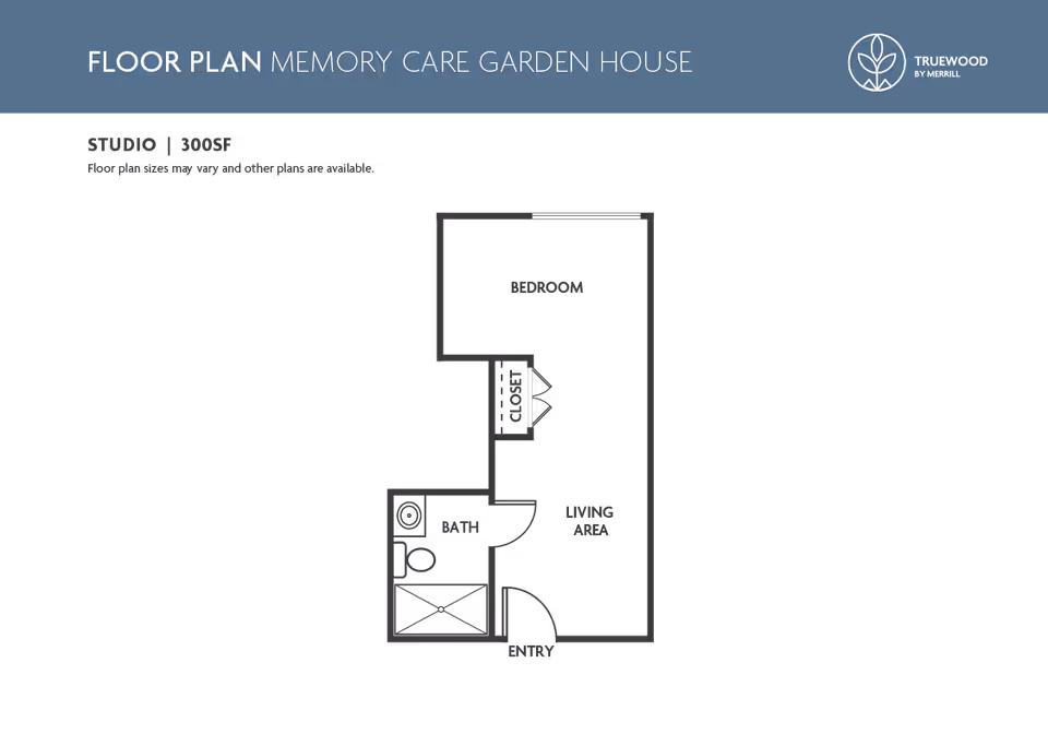 Floor plan layout of a studio memory care apartment in the Garden House at Venice Palms Senior Living, showing a 300 square feet space with labeled areas for bedroom, living area, closet, bath, and entry.