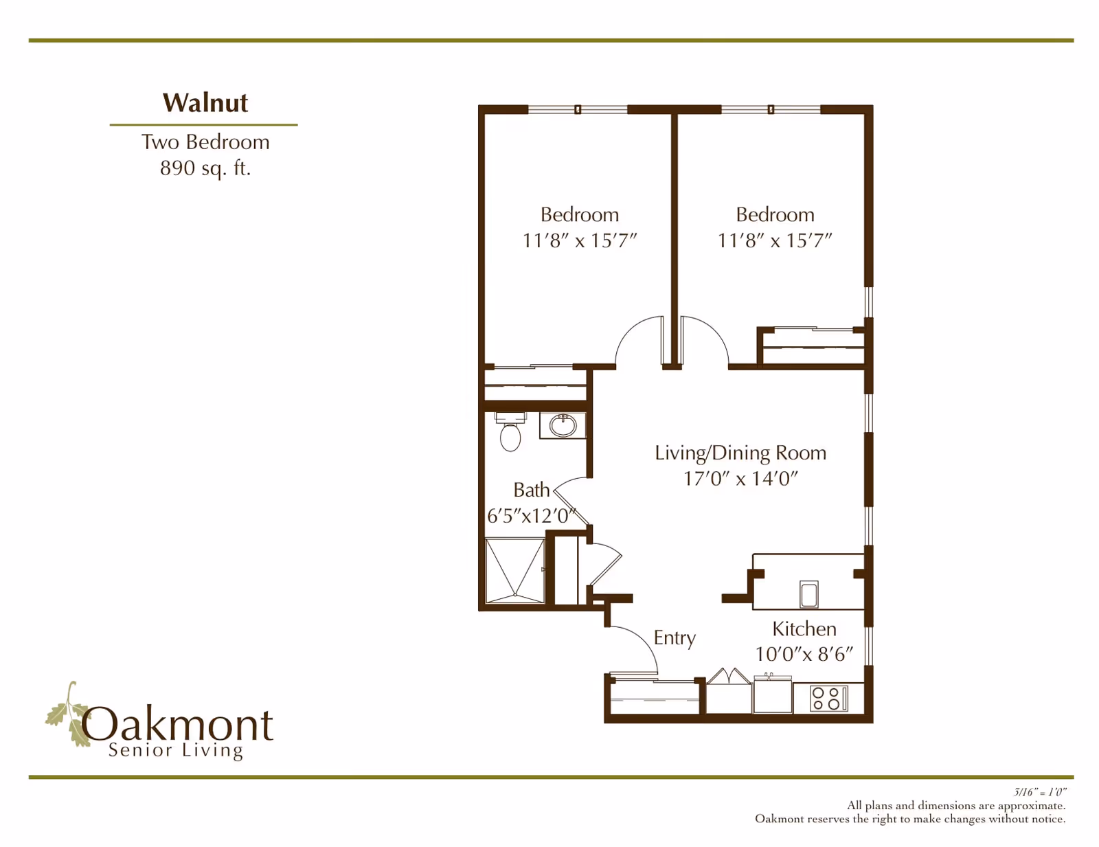 Floor plan of Walnut two-bedroom apartment at Oakmont Senior Living, showing two bedrooms each measuring 11'8" x 15'7", a living/dining room 17'0" x 14'0", a kitchen 10'0" x 8'6", a bathroom 6'5" x 12'0", and an entry area. The total area is 890 square feet.