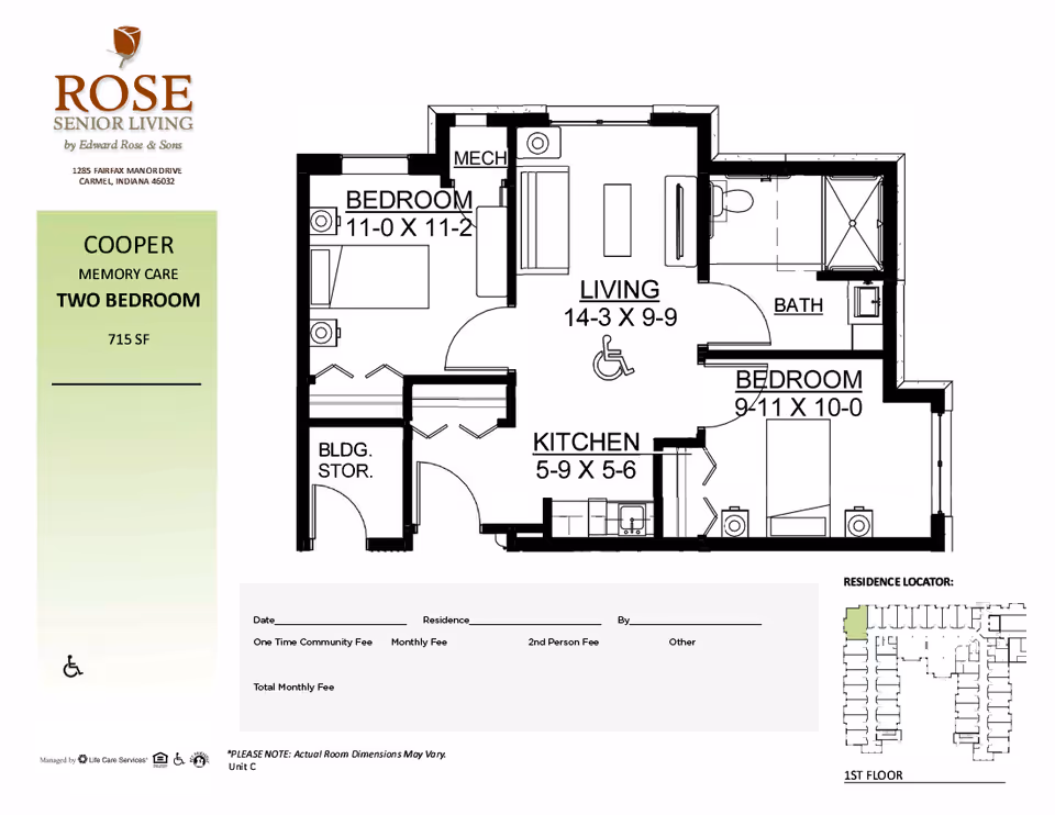 Black-and-white floor plan of a two-bedroom memory care apartment with labeled rooms and dimensions.