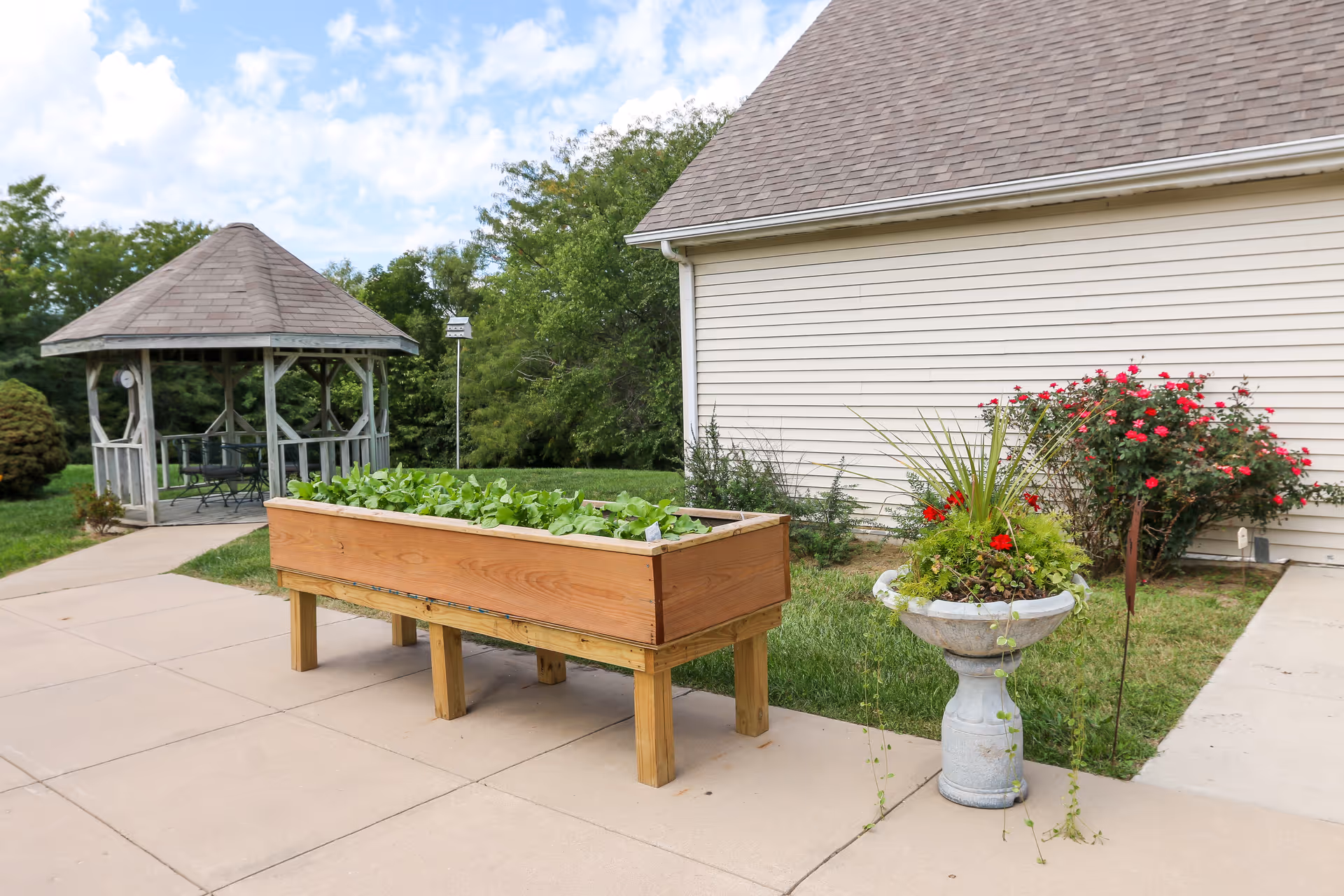 A raised wooden planter full of greens sits on a paved patio beside a decorative urn with flowers, a gazebo, and a siding-clad building.