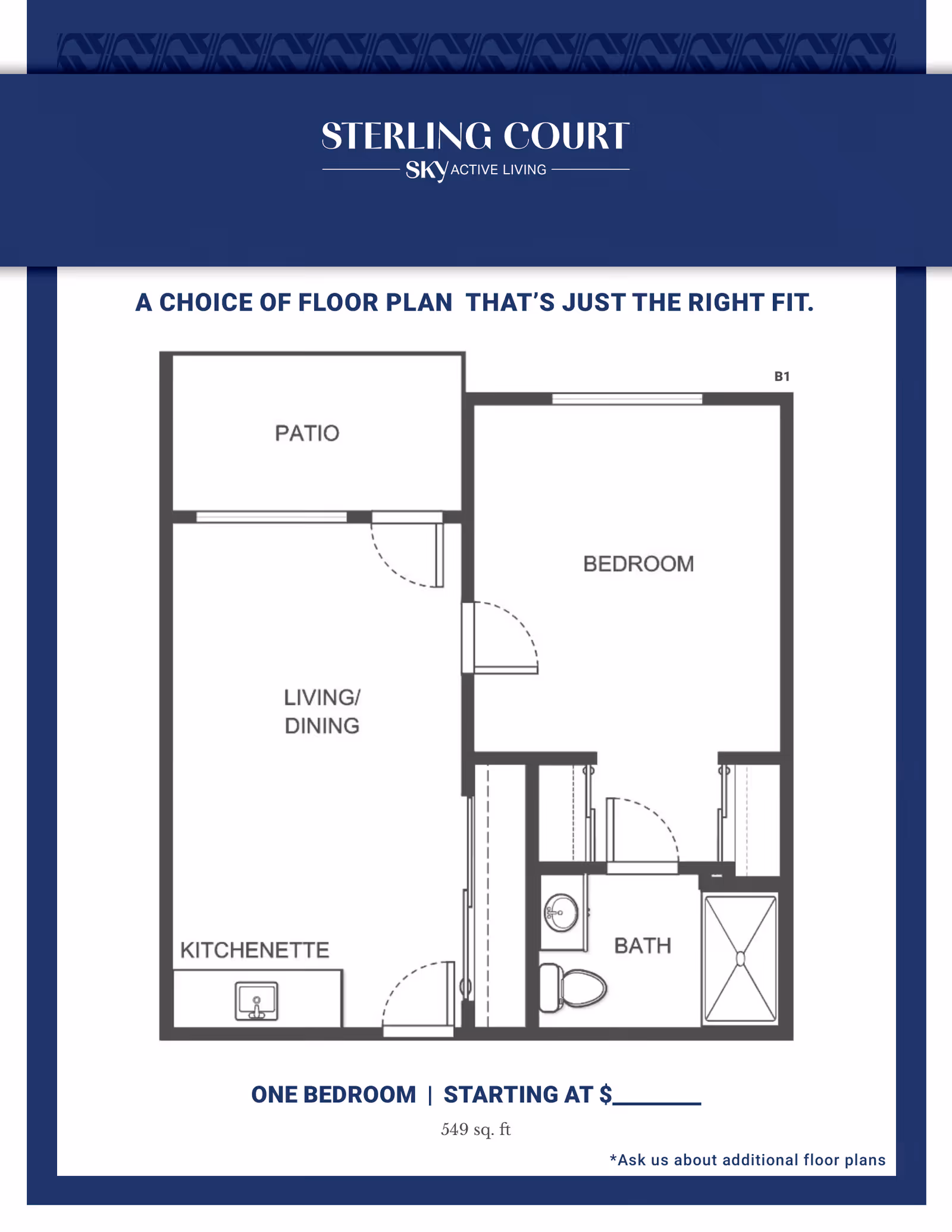 Floor plan of a one-bedroom apartment at Sterling Court - Sky Active Living, showing a patio, living/dining area, kitchenette, bedroom, and bathroom with a shower, toilet, and sink. The total area is 549 square feet.