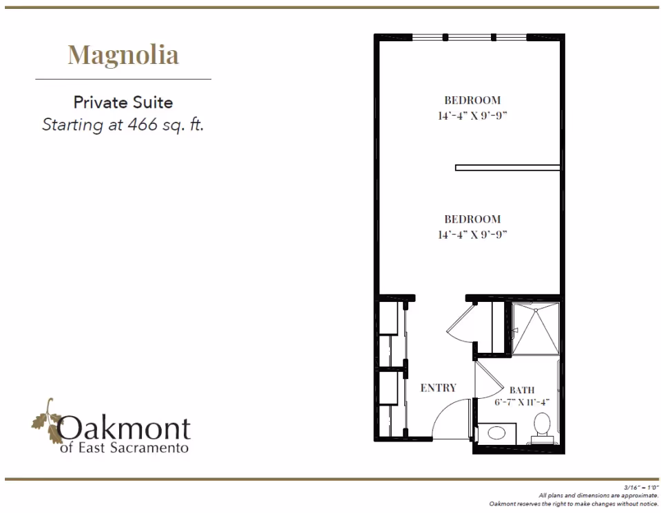 Floor plan for Magnolia private suite at Oakmont of East Sacramento, showing two bedrooms each measuring 14 feet 4 inches by 9 feet 9 inches, an entry area, and a bathroom measuring 6 feet 7 inches by 11 feet 4 inches. The suite starts at 466 square feet.