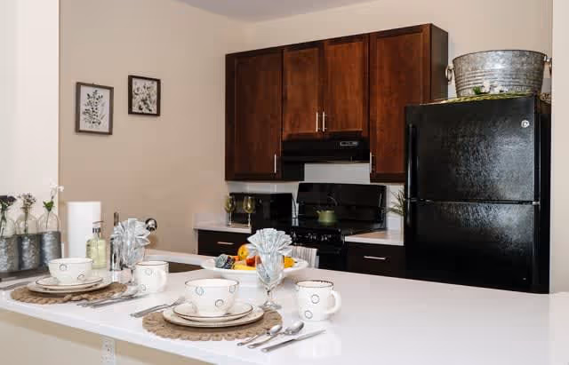 A modern kitchen area with dark wood cabinets, a black refrigerator, and a black stove with a range hood. The countertop extends into a breakfast bar set with three place settings including plates, bowls, mugs, silverware, and decorative glasses. There are framed botanical prints on the wall and a metal bucket on top of the refrigerator.