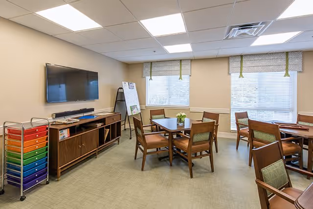 A well-lit room with multiple wooden tables and chairs arranged for group seating. The room features large windows with patterned blinds, a wall-mounted flat-screen TV above a wooden cabinet, and a colorful rolling drawer unit. There is also an easel with a whiteboard near the windows.