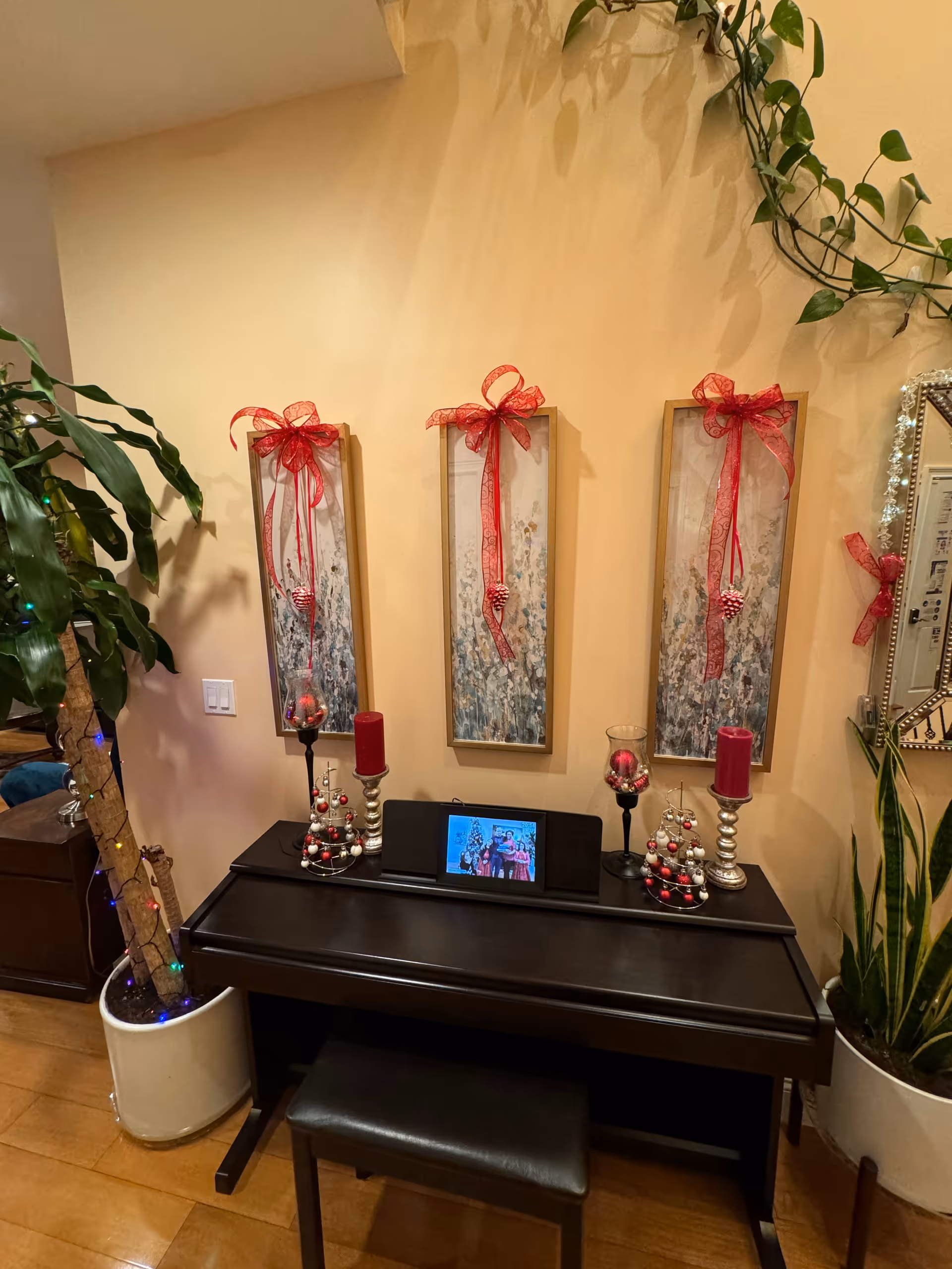A decorated corner of a room featuring a black piano with a matching bench. On top of the piano are holiday decorations including red candles, silver candle holders, and small Christmas ornaments. Above the piano, three vertical framed artworks hang on the wall, each adorned with a red ribbon and pinecone decoration. There are two large potted plants on either side of the piano, one with a string of colorful lights wrapped around its trunk. A mirror with a decorative frame is partially visible on the right side of the image.