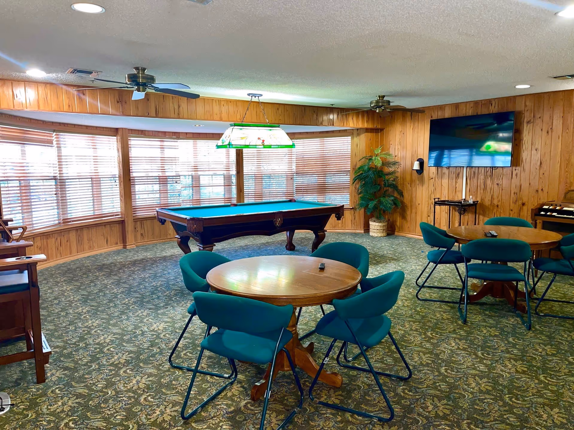 A cozy recreation room with wood-paneled walls and patterned carpet. The room features a pool table under a stained glass hanging light, two round wooden tables each surrounded by four teal cushioned chairs, a large flat-screen TV mounted on the wall, a potted plant in the corner, and ceiling fans.