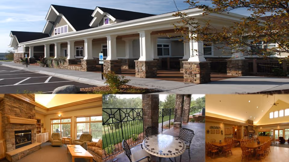 Exterior view of a single-story assisted living facility with a covered porch supported by stone pillars. Below are three smaller images showing the interior common areas: a cozy living room with a stone fireplace and comfortable seating, an outdoor patio area with a round table and chairs, and a spacious dining room with wooden tables and chairs under a high ceiling with windows.