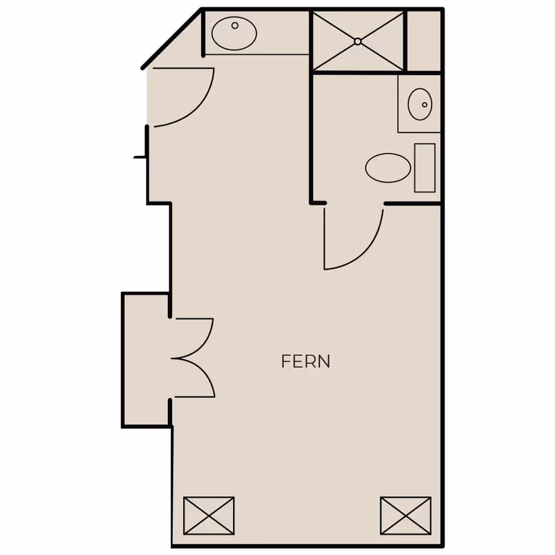 Floor plan labeled FERN showing a layout with a main room, a bathroom with a shower, toilet, and sink, and an additional small sink area near the entrance.