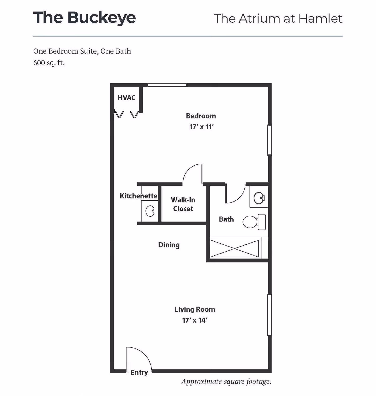 Floor plan of The Buckeye, a one-bedroom suite with one bath at The Atrium at Hamlet, showing a bedroom, walk-in closet, bath, kitchenette, dining area, living room, and entry with approximate dimensions.