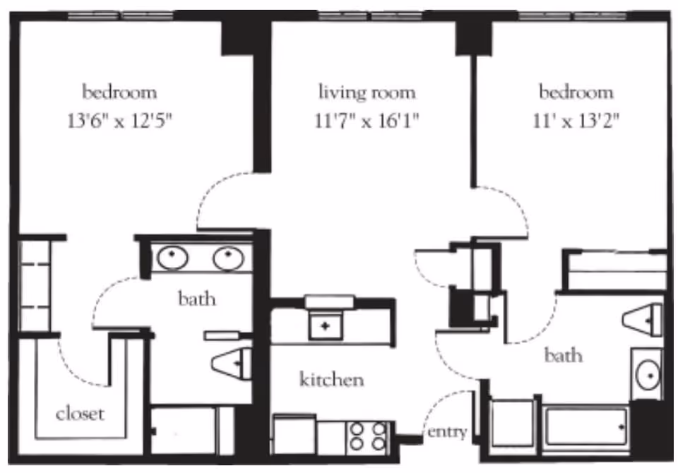 Floor plan of a two-bedroom apartment showing dimensions for each room. The layout includes two bedrooms, two bathrooms, a living room, a kitchen, closets, and an entry area.